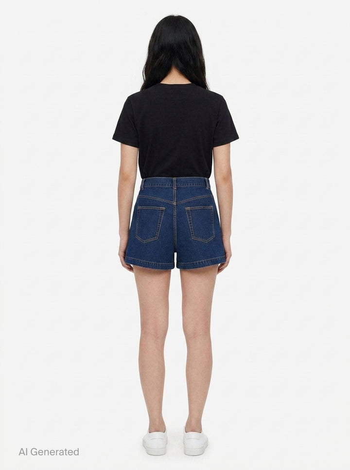 sacai Nep Tweed x Denim Shorts featuring a diagonal herringbone tweed front panel, denim side panels with orange topstitching, and a gold-tone button closure at the high waist - back