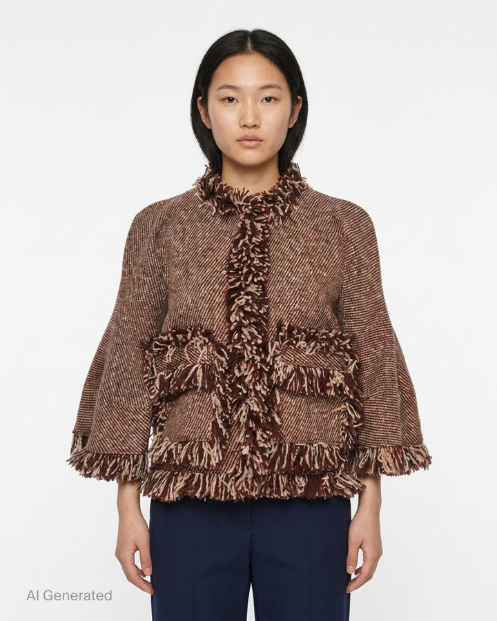 sacai Nep Tweed Jacket in brown multicolour fleck tweed with abundant looped fringe trim at collar, front placket, patch pockets, cuffs, and hem, displayed flat on a white background - front