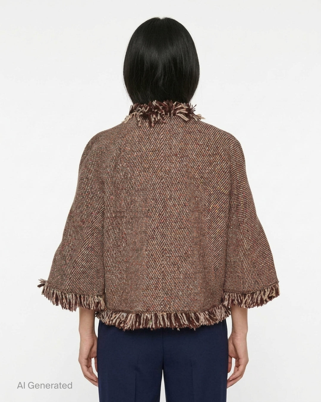 sacai Nep Tweed Jacket in brown multicolour fleck tweed with abundant looped fringe trim at collar, front placket, patch pockets, cuffs, and hem, displayed flat on a white background - back
