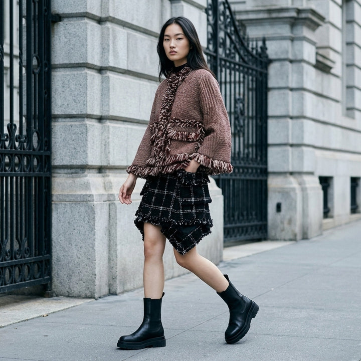 sacai Nep Tweed Jacket in brown multicolour fleck tweed with abundant looped fringe trim at collar, front placket, patch pockets, cuffs, and hem, displayed flat on a white background - lifestyle