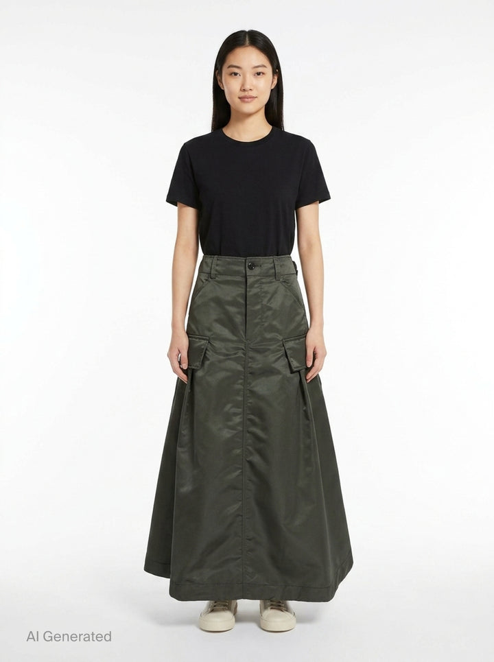 sacai black nylon twill cargo midi skirt with A-line silhouette, oversized hip pockets, structured waistband, and pleated flared hem - front