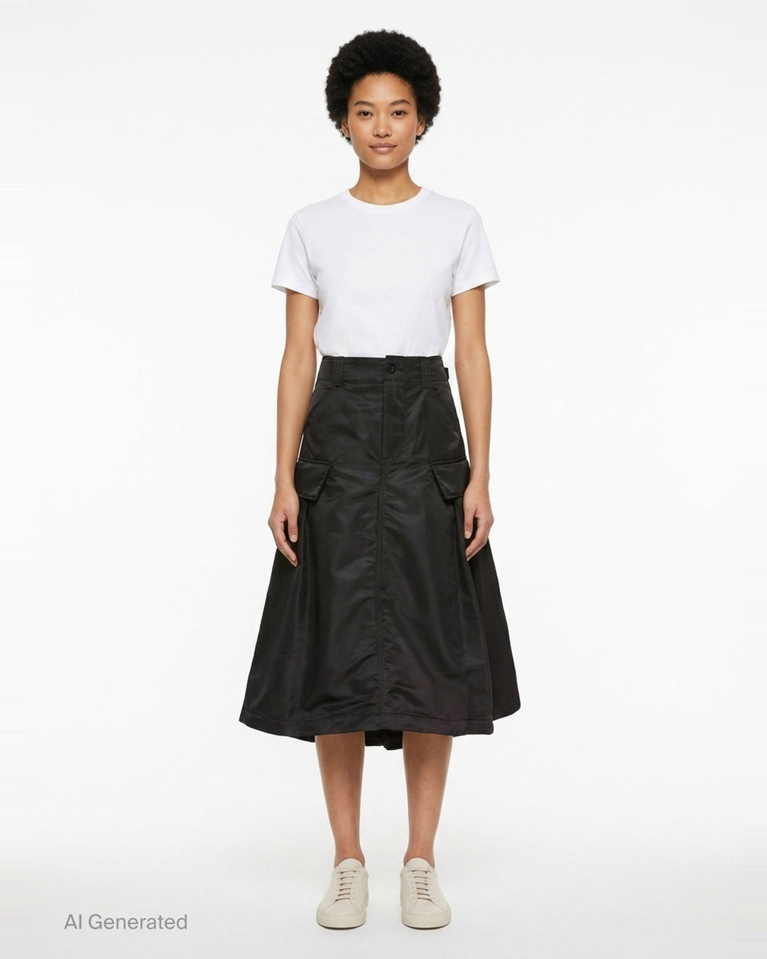 sacai black nylon twill cargo midi skirt with A-line silhouette, oversized hip pockets, structured waistband, and pleated flared hem - front