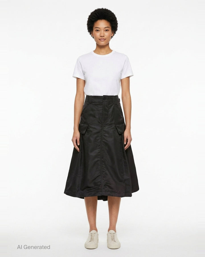 sacai black nylon twill cargo midi skirt with A-line silhouette, oversized hip pockets, structured waistband, and pleated flared hem - front