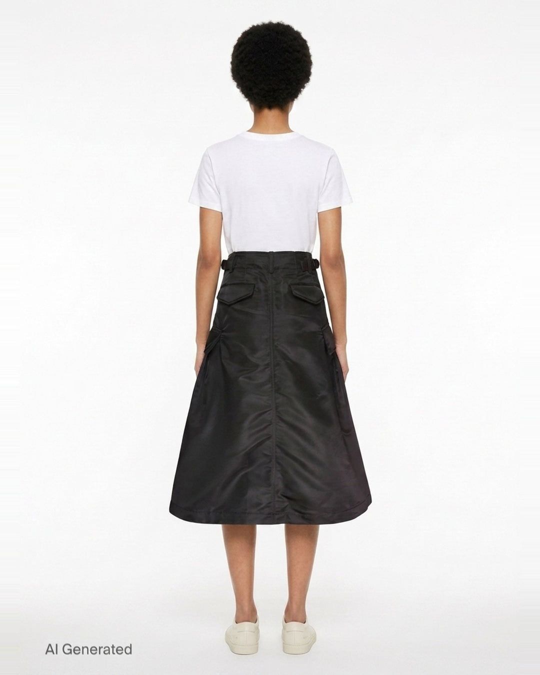 sacai black nylon twill cargo midi skirt with A-line silhouette, oversized hip pockets, structured waistband, and pleated flared hem - back