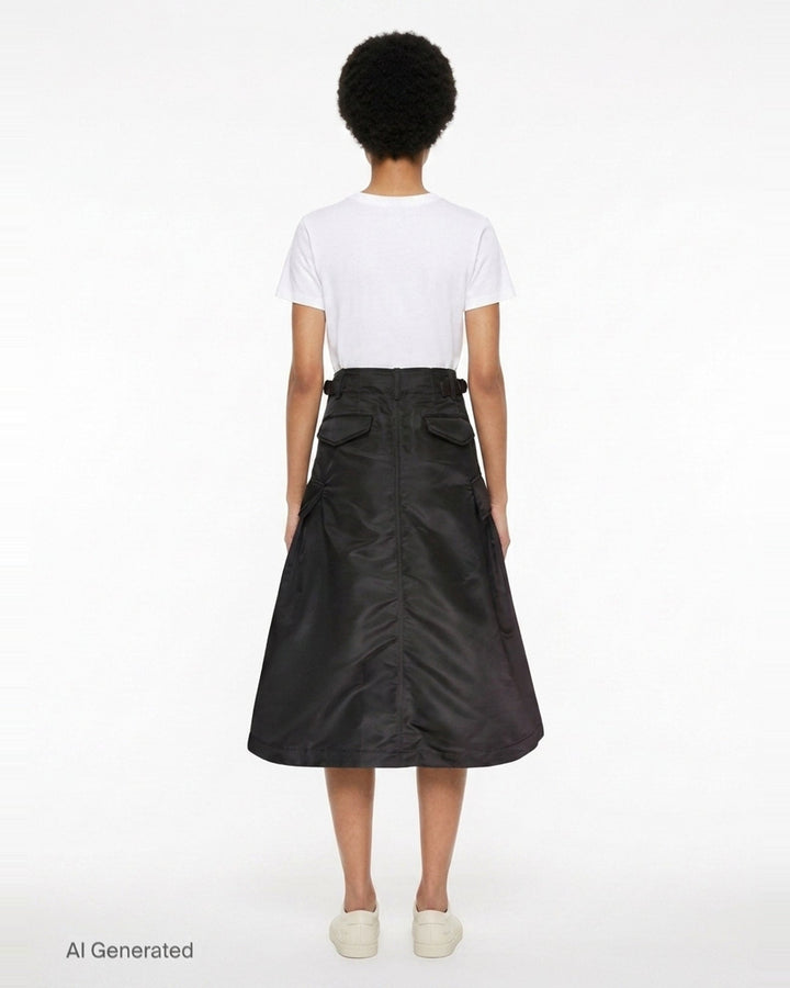 sacai black nylon twill cargo midi skirt with A-line silhouette, oversized hip pockets, structured waistband, and pleated flared hem - back