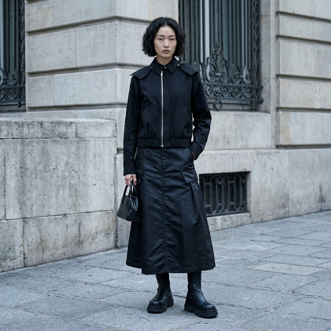 sacai black nylon twill cargo midi skirt with A-line silhouette, oversized hip pockets, structured waistband, and pleated flared hem - lifestyle
