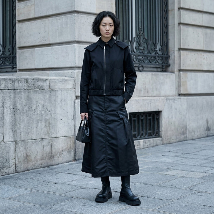 sacai black nylon twill cargo midi skirt with A-line silhouette, oversized hip pockets, structured waistband, and pleated flared hem - lifestyle