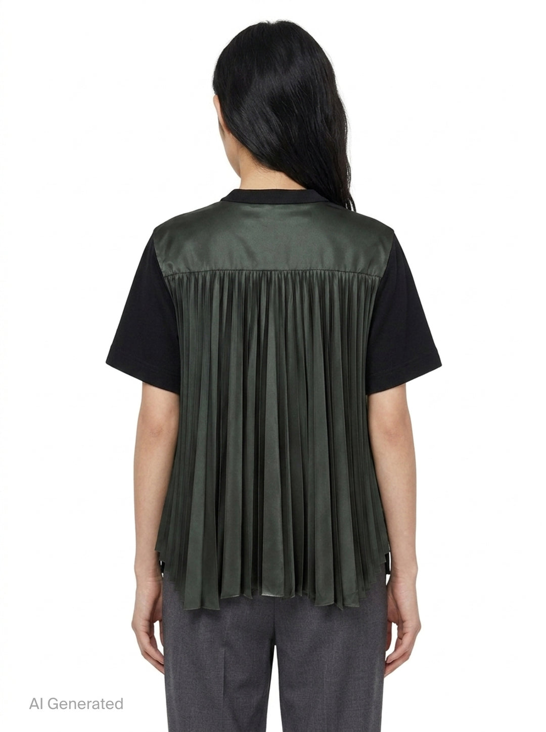 sacai Nylon Twill Cotton Jersey Tee in black, featuring snap-button chest tabs, nylon twill side panels, and a flared panelled hem - back