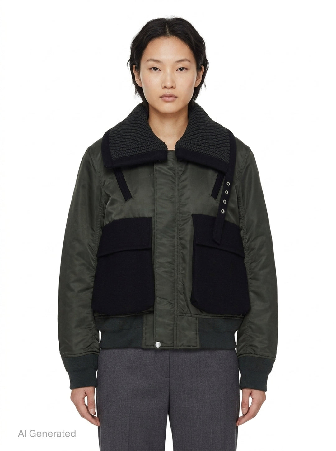 sacai Nylon Twill x Wool Melton Blouson in olive green, featuring an oversized ribbed knit collar, contrast black wool patch pockets, eyelet hardware detail, and orange satin lining at the collar reverse - front