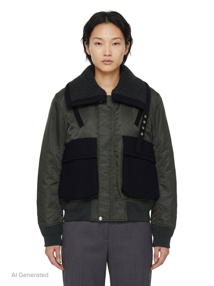sacai Nylon Twill x Wool Melton Blouson in olive green, featuring an oversized ribbed knit collar, contrast black wool patch pockets, eyelet hardware detail, and orange satin lining at the collar reverse - front