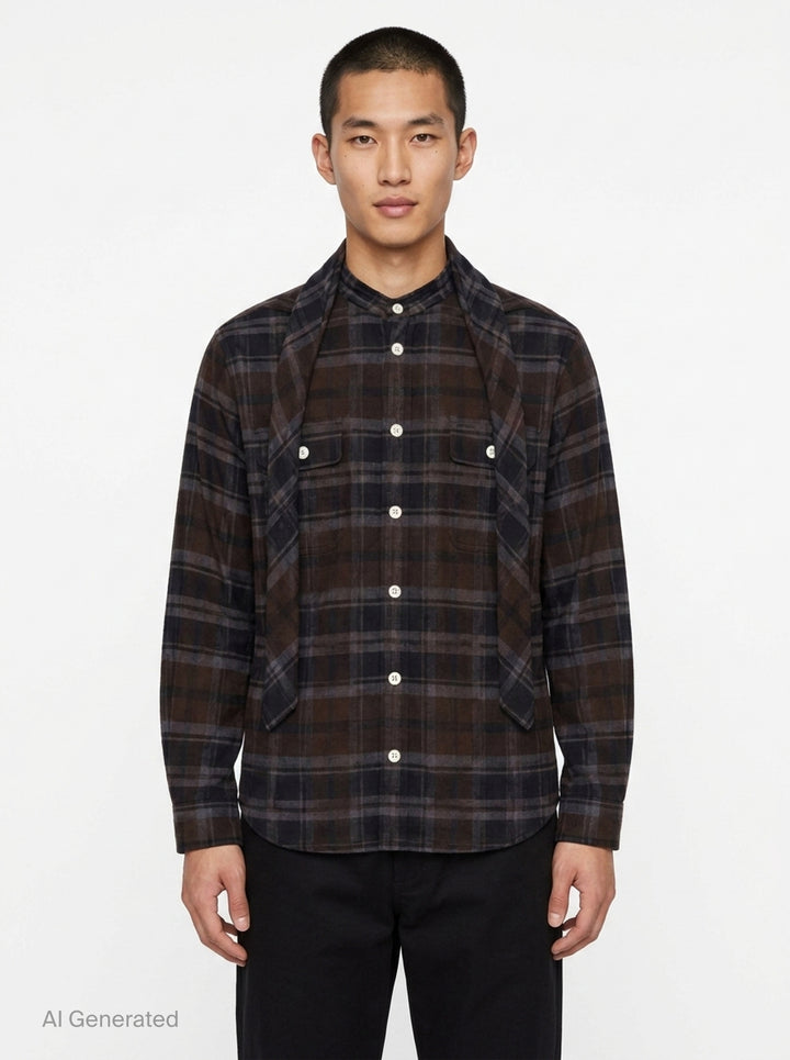 sacai plaid flannel long sleeve shirt in brown, navy, and grey check with deconstructed layered collar, dual chest pockets, and mother-of-pearl buttons, displayed flat on white background - front