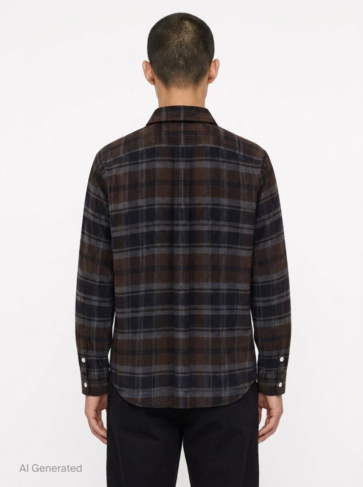 sacai plaid flannel long sleeve shirt in brown, navy, and grey check with deconstructed layered collar, dual chest pockets, and mother-of-pearl buttons, displayed flat on white background - back