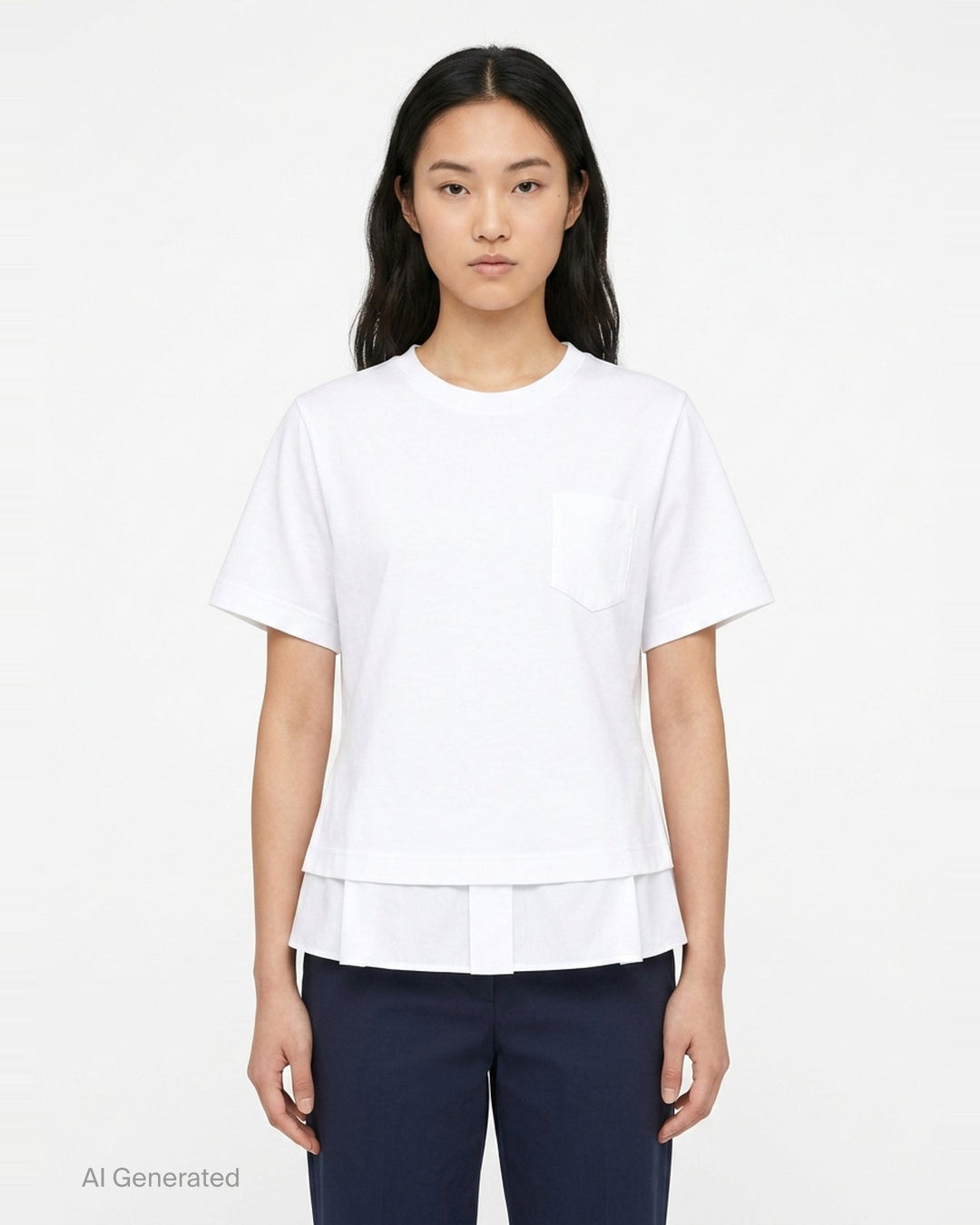 sacai Poplin x Cotton Jersey T-Shirt in black, featuring a crew neck, chest pocket, and light blue pinstripe poplin side panels with a flared hem - front