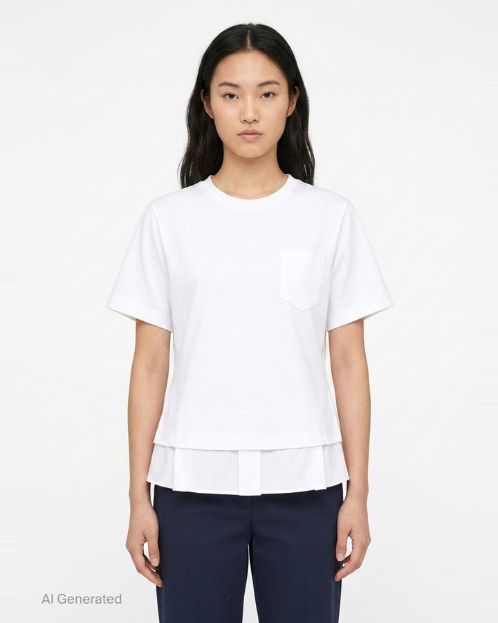 sacai Poplin x Cotton Jersey T-Shirt in black, featuring a crew neck, chest pocket, and light blue pinstripe poplin side panels with a flared hem - front