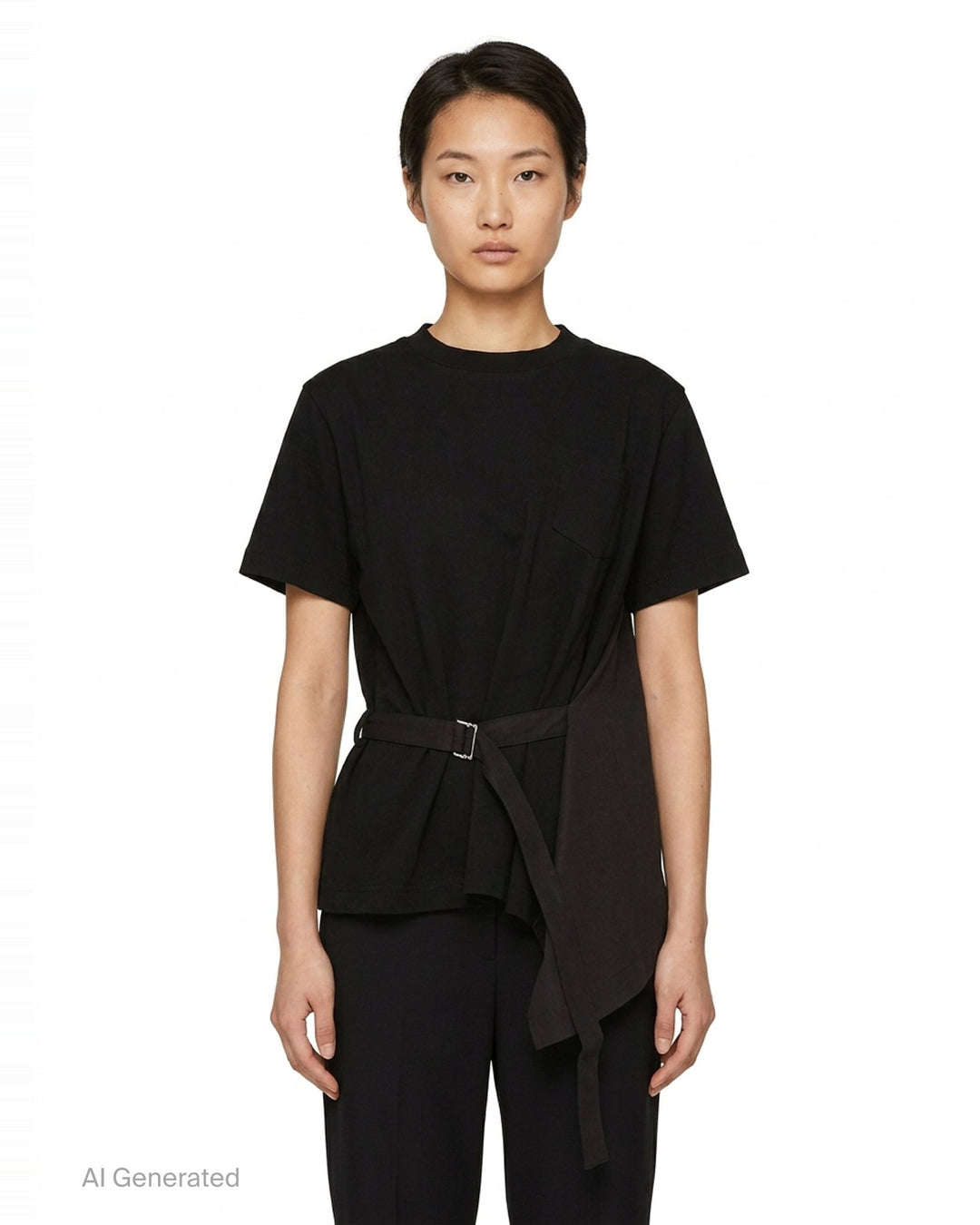 sacai Poplin x Cotton Jersey T-Shirt in black with asymmetric blue pinstripe poplin panel draped at the side hem, crew neck, short sleeves, and chest pocket - front