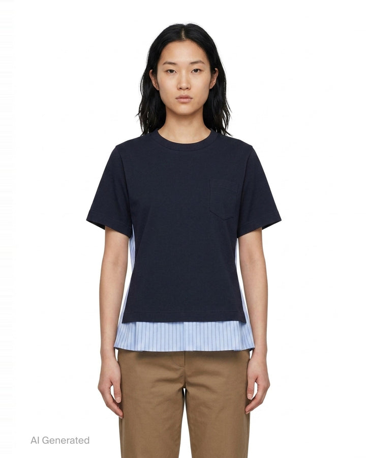 sacai Poplin x Cotton Jersey T-Shirt in black, featuring a crew neck, chest pocket, and light blue pinstripe poplin side panels with a flared hem - front