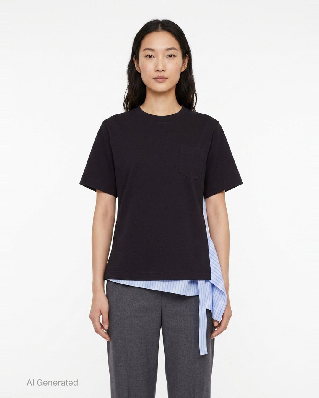 sacai Poplin x Cotton Jersey T-Shirt in black with asymmetric blue pinstripe poplin panel draped at the side hem, crew neck, short sleeves, and chest pocket - front
