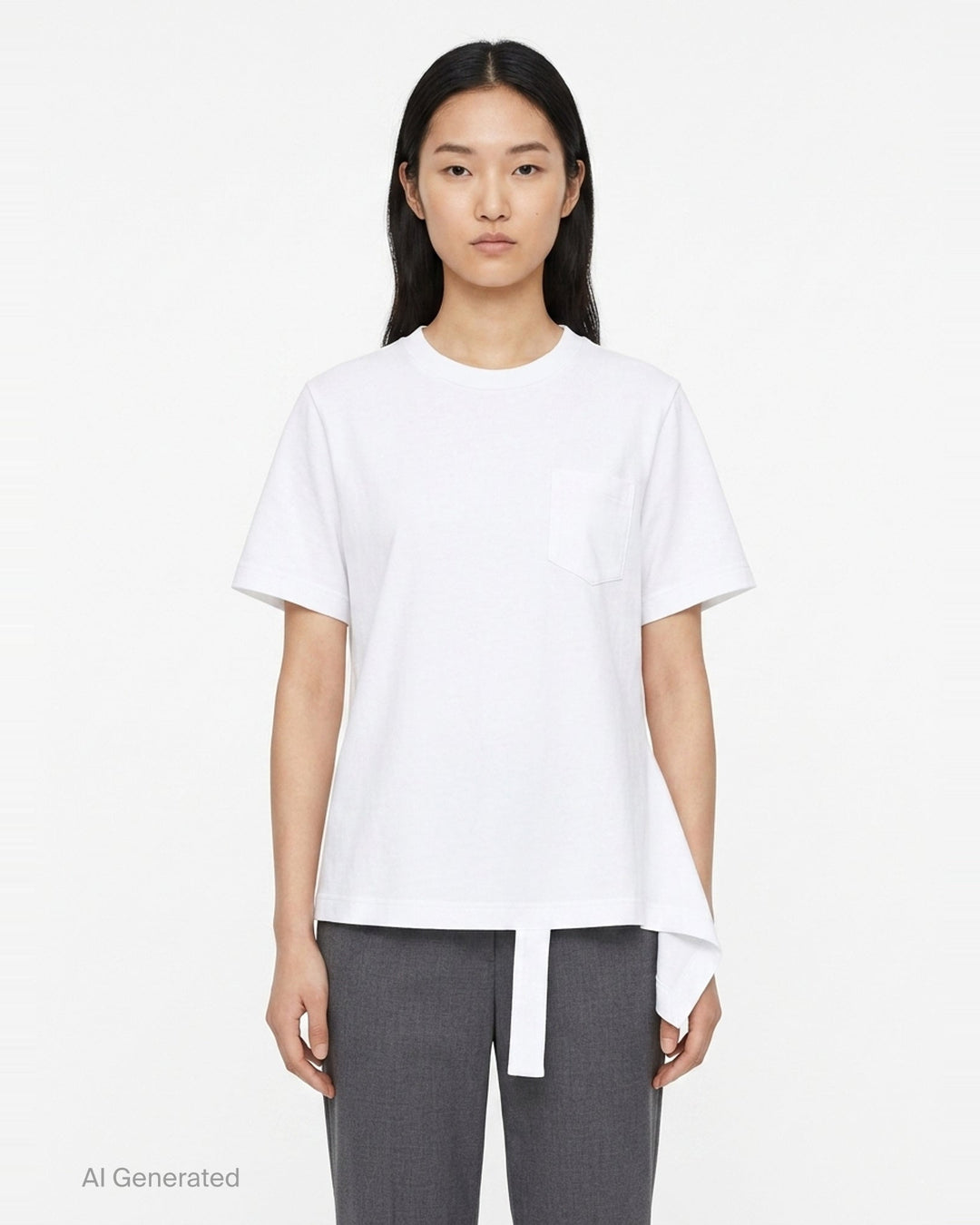 sacai Poplin x Cotton Jersey T-Shirt in black with asymmetric blue pinstripe poplin panel draped at the side hem, crew neck, short sleeves, and chest pocket - front