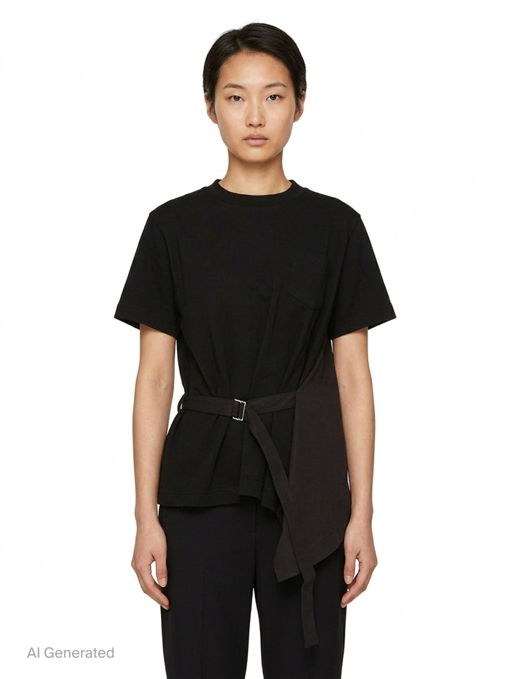 sacai Poplin x Cotton Jersey T-Shirt in black with asymmetric blue pinstripe poplin panel draped at the side hem, crew neck, short sleeves, and chest pocket - front