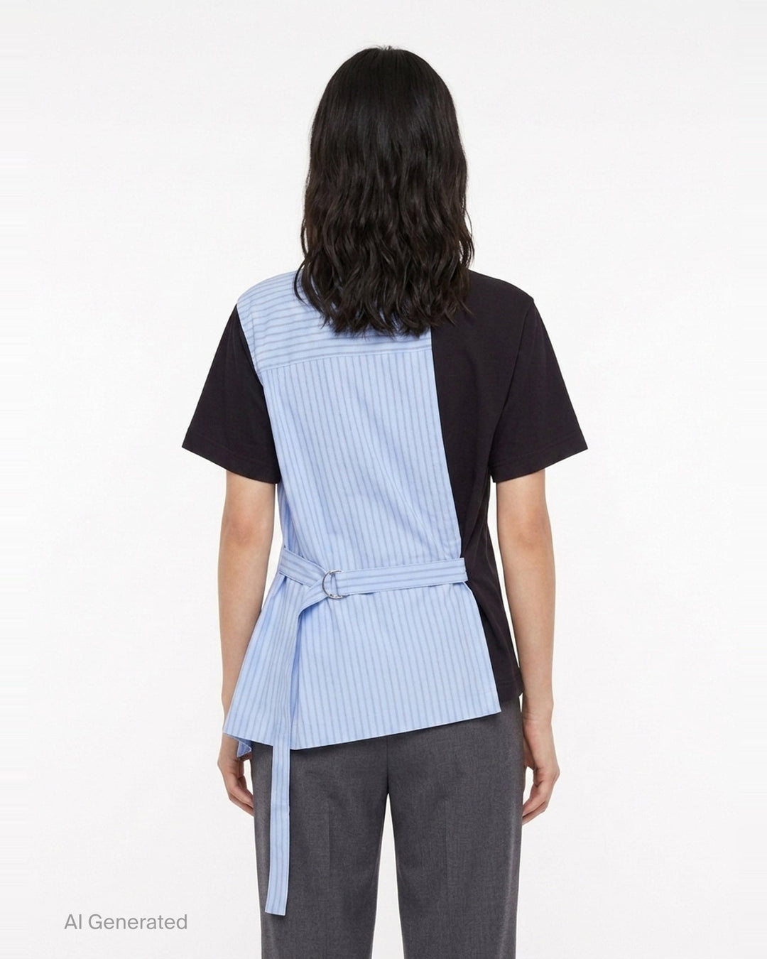 sacai Poplin x Cotton Jersey T-Shirt in black with asymmetric blue pinstripe poplin panel draped at the side hem, crew neck, short sleeves, and chest pocket - back