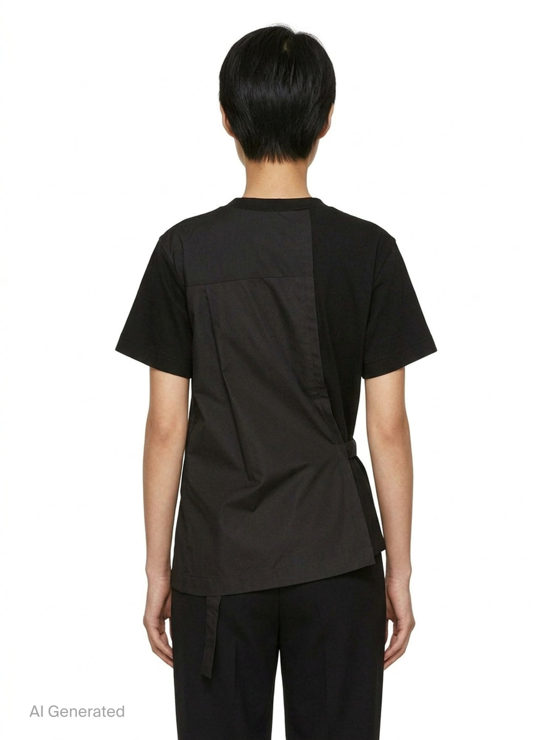 sacai Poplin x Cotton Jersey T-Shirt in black with asymmetric blue pinstripe poplin panel draped at the side hem, crew neck, short sleeves, and chest pocket - back