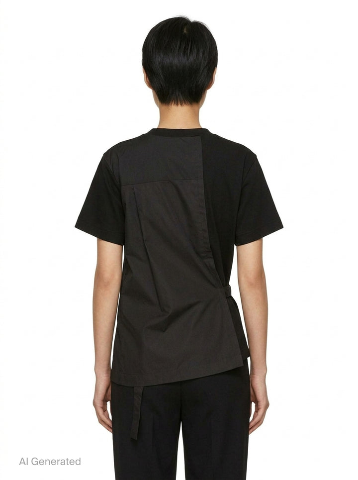 sacai Poplin x Cotton Jersey T-Shirt in black with asymmetric blue pinstripe poplin panel draped at the side hem, crew neck, short sleeves, and chest pocket - back