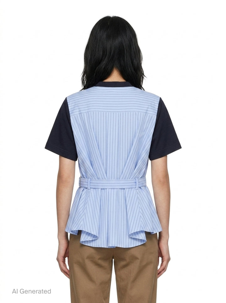 sacai Poplin x Cotton Jersey T-Shirt in black, featuring a crew neck, chest pocket, and light blue pinstripe poplin side panels with a flared hem - back