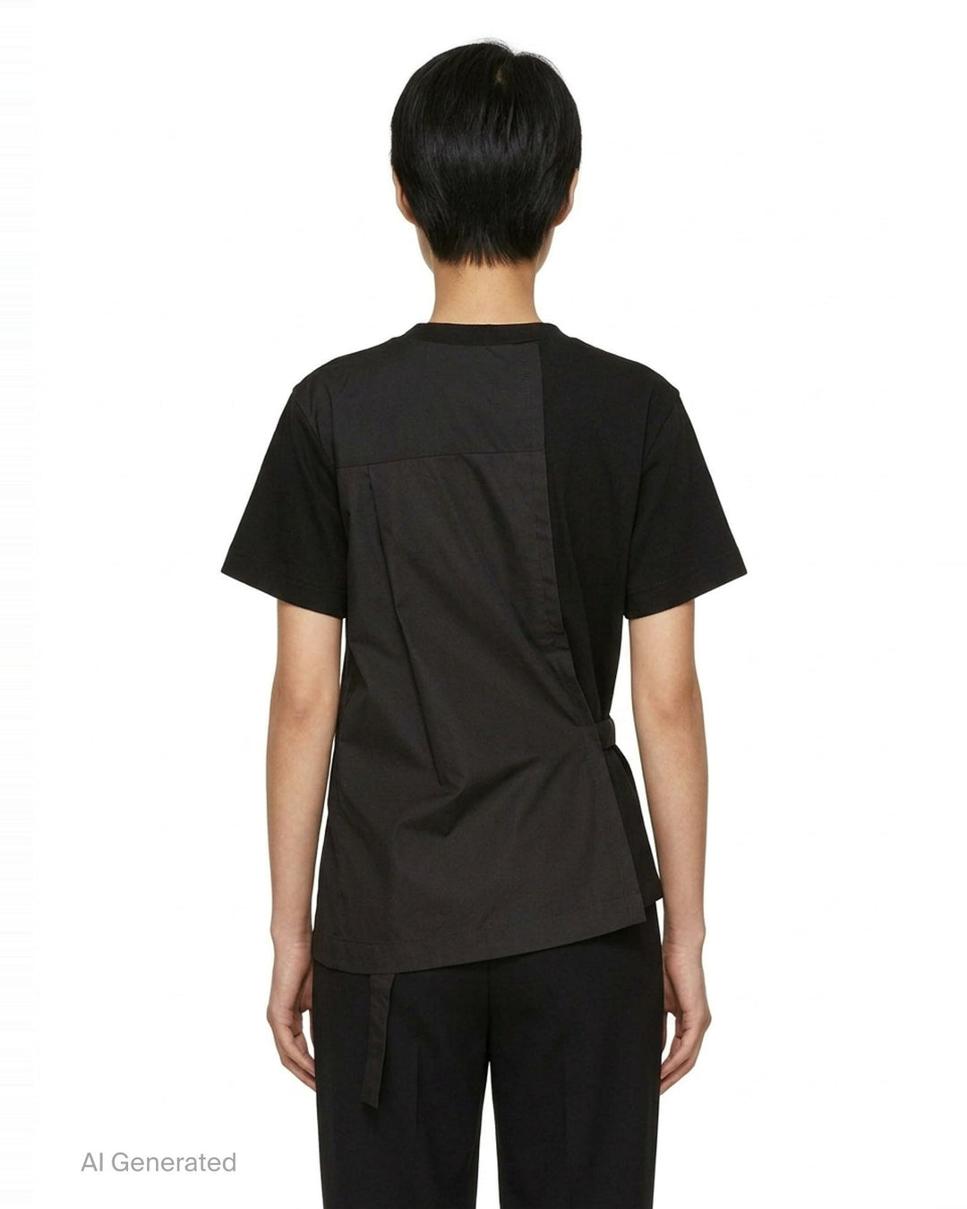 sacai Poplin x Cotton Jersey T-Shirt in black with asymmetric blue pinstripe poplin panel draped at the side hem, crew neck, short sleeves, and chest pocket - back