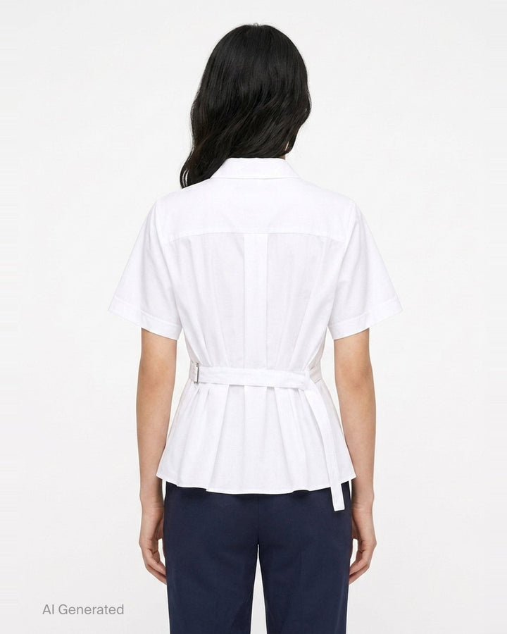 sacai Poplin x Cotton Jersey T-Shirt in black, featuring a crew neck, chest pocket, and light blue pinstripe poplin side panels with a flared hem - back