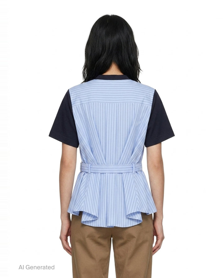 sacai Poplin x Cotton Jersey T-Shirt in black, featuring a crew neck, chest pocket, and light blue pinstripe poplin side panels with a flared hem - back