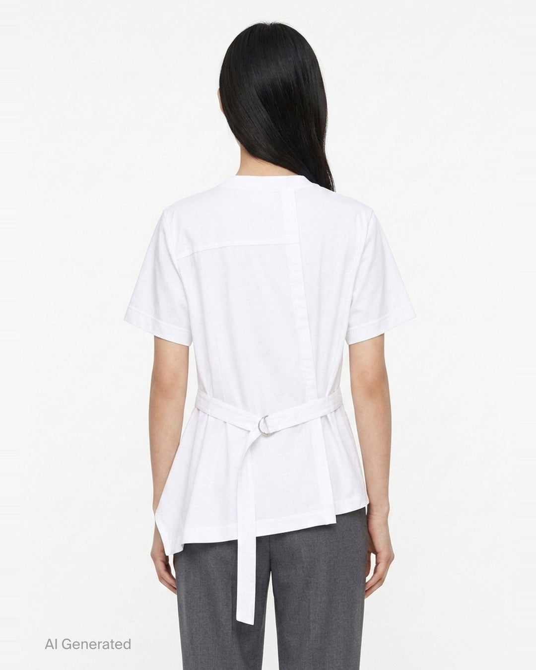 sacai Poplin x Cotton Jersey T-Shirt in black with asymmetric blue pinstripe poplin panel draped at the side hem, crew neck, short sleeves, and chest pocket - back
