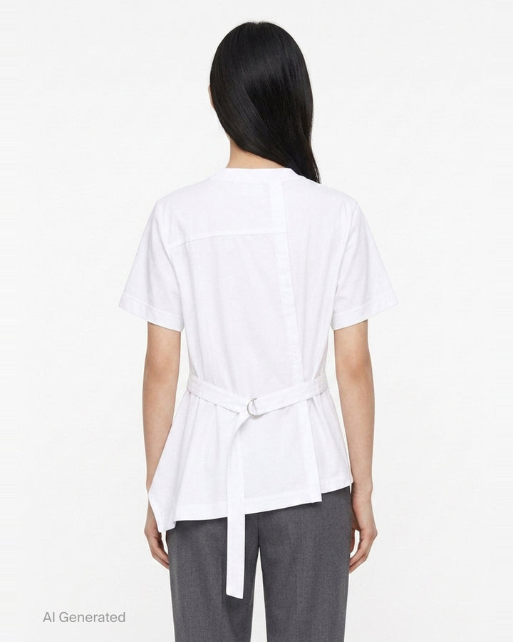 sacai Poplin x Cotton Jersey T-Shirt in black with asymmetric blue pinstripe poplin panel draped at the side hem, crew neck, short sleeves, and chest pocket - back
