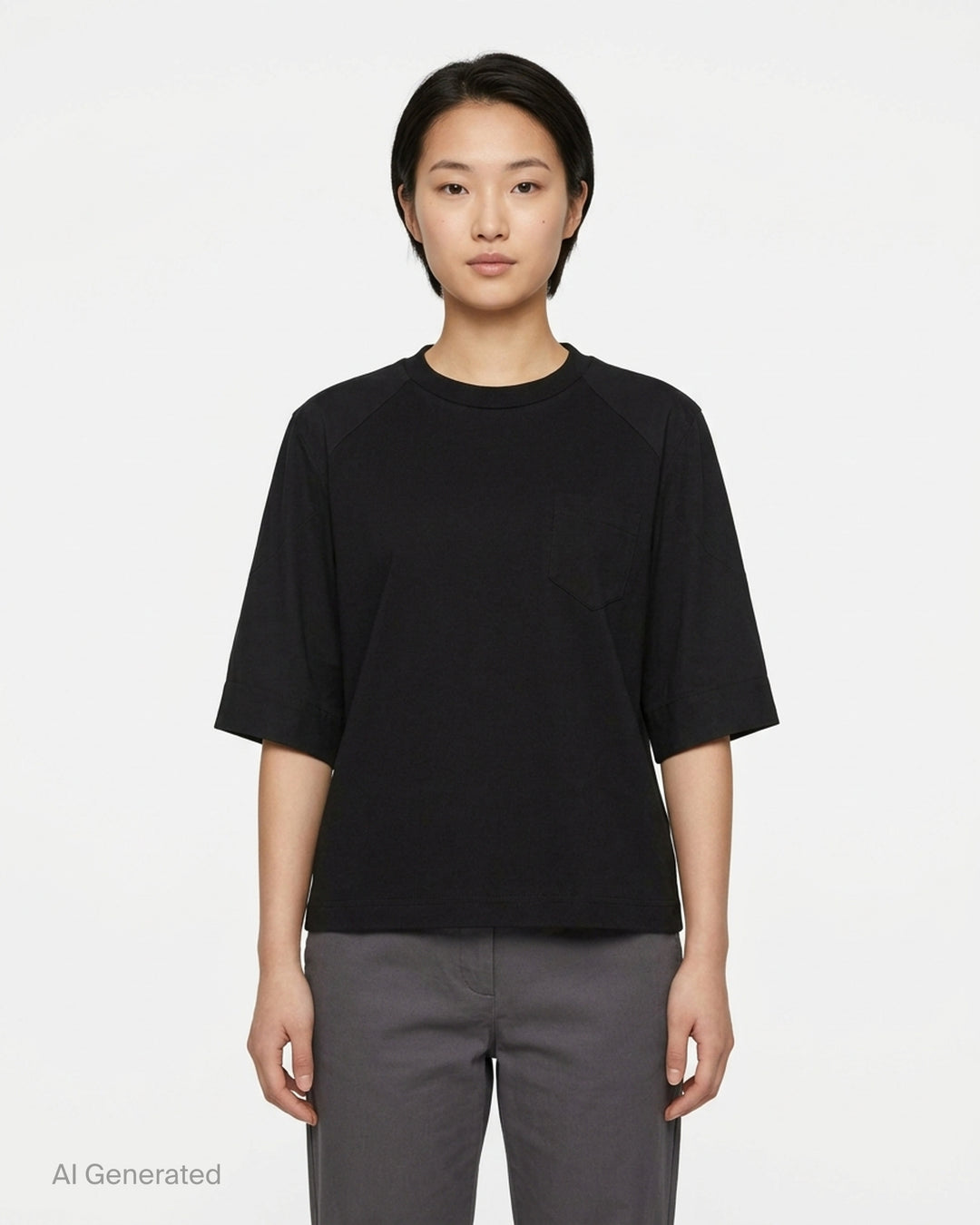 sacai Poplin Cotton Jersey Tee in black, featuring a mock neck collar, raglan sleeves, and a tonal patch chest pocket, displayed flat on a white background - front