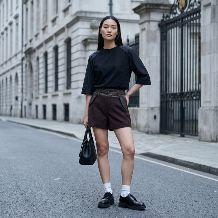 sacai Poplin Cotton Jersey Tee in black, featuring a mock neck collar, raglan sleeves, and a tonal patch chest pocket, displayed flat on a white background - lifestyle