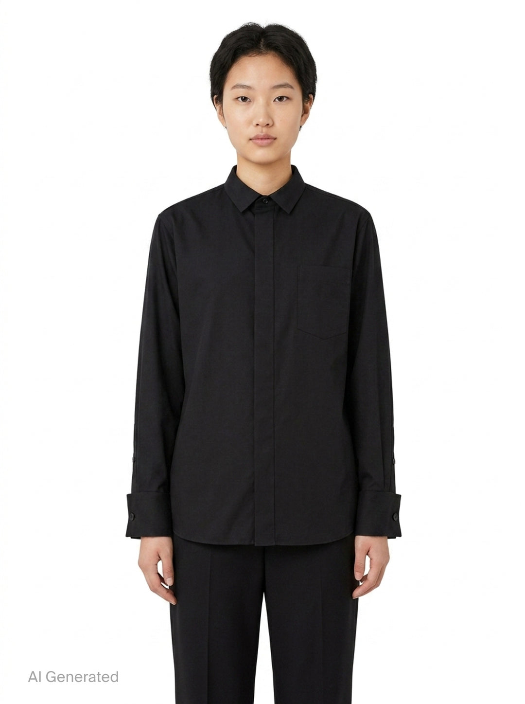 sacai black poplin long sleeve shirt with concealed front placket, point collar, chest pocket, and button-fastened cuffs, shown flat on white background - front