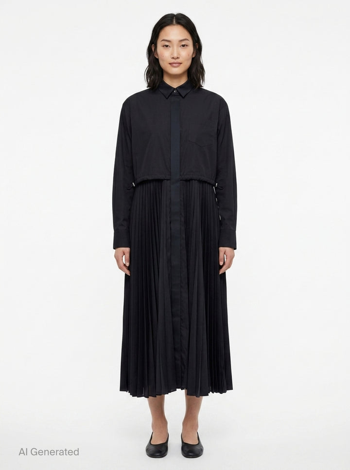 Poplin x Satin Pleated Dress | sacai | Club21 - front