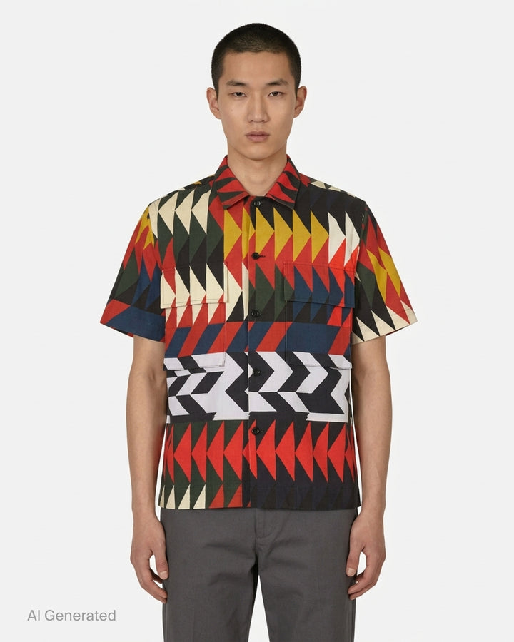 sacai x A.P.C. Quilts short sleeve shirt with a multicolour geometric arrow print, camp collar, button front and two flap chest pockets - front