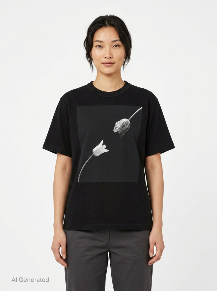 sacai Robert Mapplethorpe Graphic Tee in black, featuring a square monochrome photographic print of two tulips — one in bloom and one wilting — on the chest, with a relaxed boxy fit and crew neckline - front
