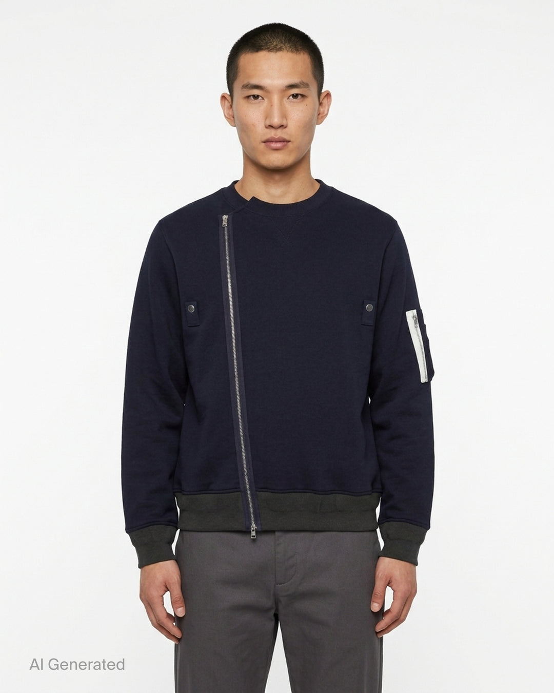 sacai Sponge Sweat Blouson in navy with asymmetric diagonal zip, contrast dark ribbed hem and cuffs, chest snap tabs and off-white sleeve zip pocket - front
