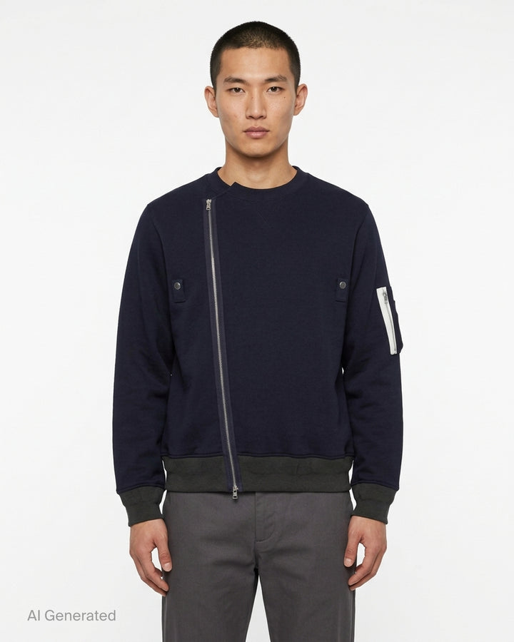 sacai Sponge Sweat Blouson in navy with asymmetric diagonal zip, contrast dark ribbed hem and cuffs, chest snap tabs and off-white sleeve zip pocket - front