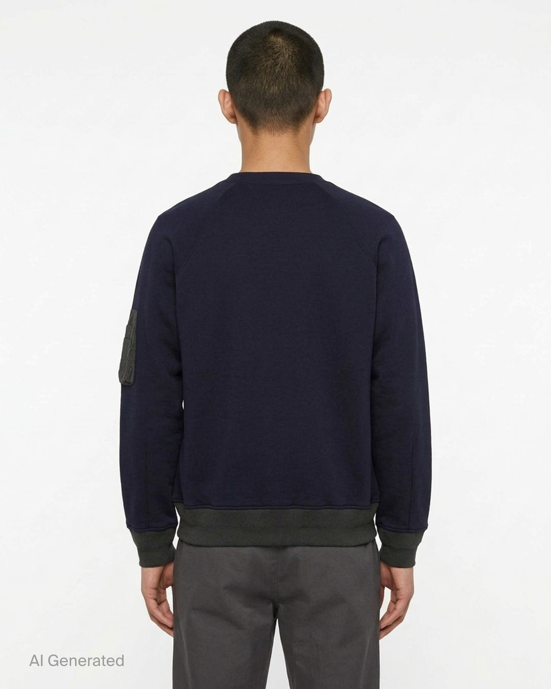sacai Sponge Sweat Blouson in navy with asymmetric diagonal zip, contrast dark ribbed hem and cuffs, chest snap tabs and off-white sleeve zip pocket - back