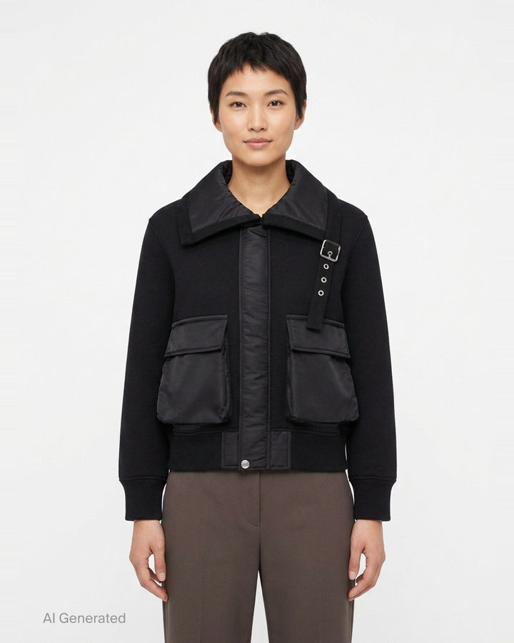 sacai Sponge Sweat Blouson in black, featuring a quilted nylon bib front, oversized spread collar, four cargo pockets, grommet strap detail, and ribbed cuffs - front