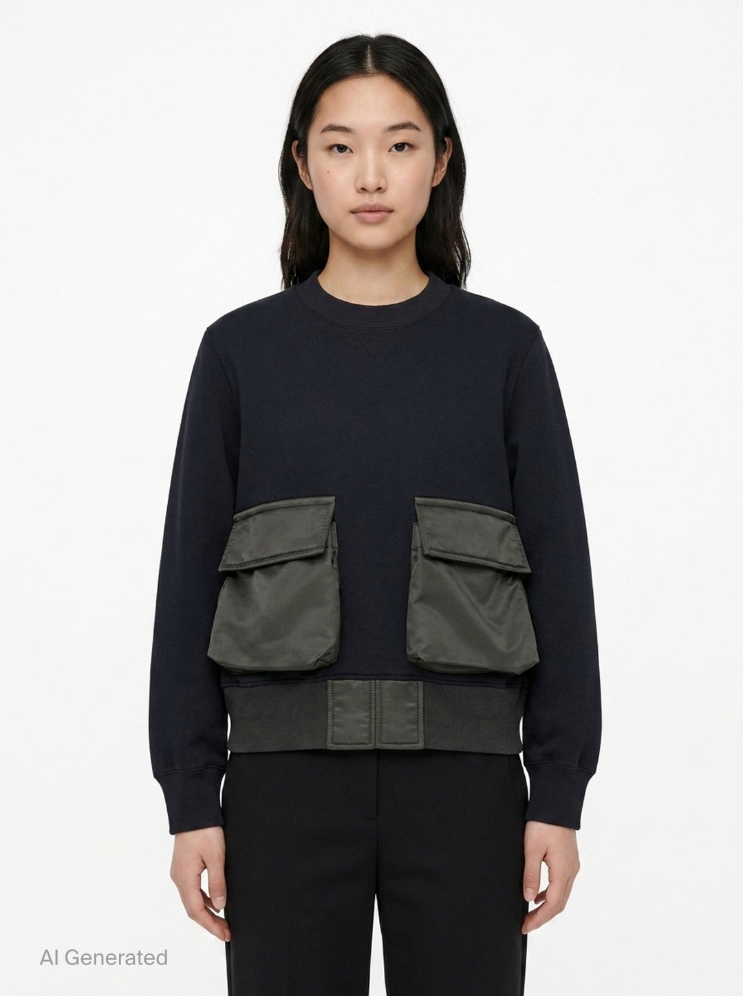 sacai Sponge Sweat Cargo Pullover in black with contrast olive nylon cargo pockets and bomber-style nylon hem panel, front view - front