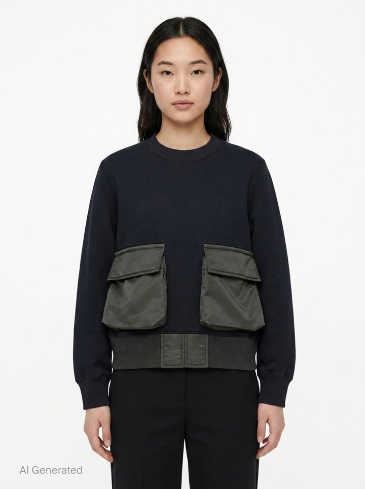sacai Sponge Sweat Cargo Pullover in black with contrast olive nylon cargo pockets and bomber-style nylon hem panel, front view - front