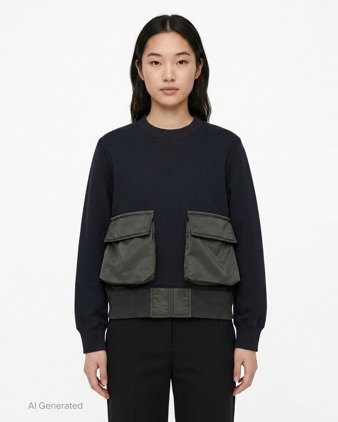 sacai Sponge Sweat Cargo Pullover in black with contrast olive nylon cargo pockets and bomber-style nylon hem panel, front view - front