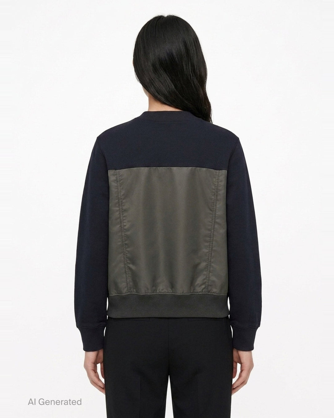 sacai Sponge Sweat Cargo Pullover in black with contrast olive nylon cargo pockets and bomber-style nylon hem panel, front view - back