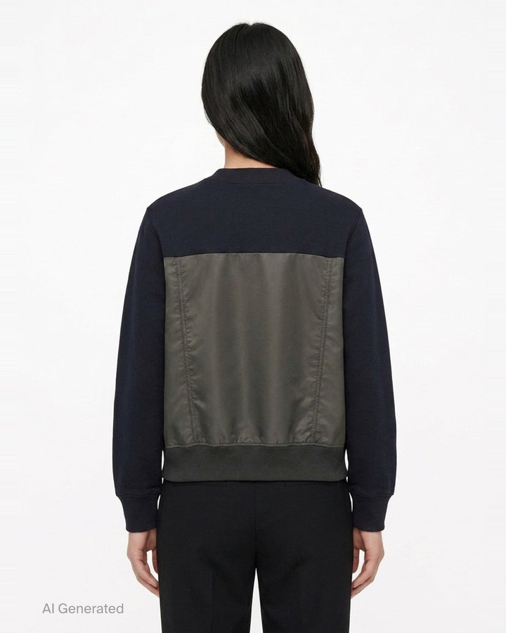 sacai Sponge Sweat Cargo Pullover in black with contrast olive nylon cargo pockets and bomber-style nylon hem panel, front view - back