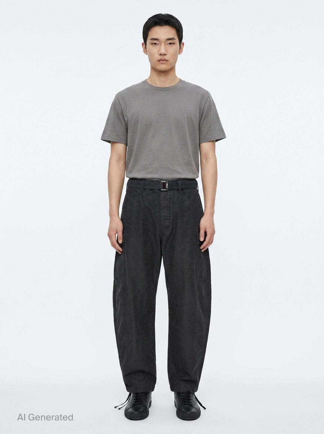 sacai Sueded Cotton Cargo Pants in washed black, featuring a balloon-leg silhouette, belted high waist, flap cargo pockets, and adjustable drawstring hems, photographed flat on a white background - front