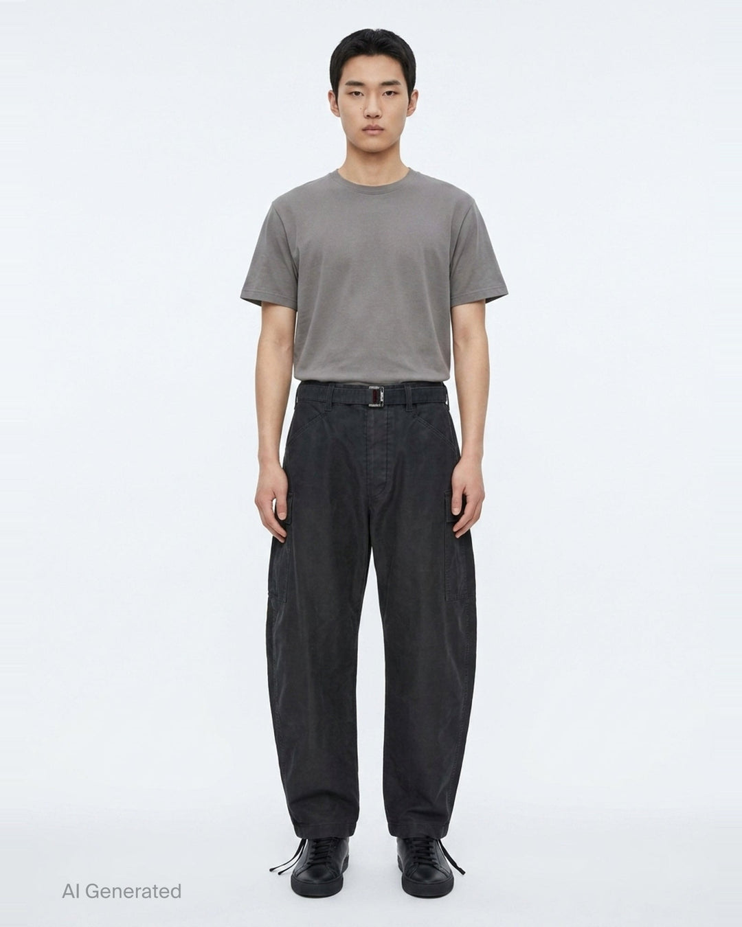 sacai Sueded Cotton Cargo Pants in washed black, featuring a balloon-leg silhouette, belted high waist, flap cargo pockets, and adjustable drawstring hems, photographed flat on a white background - front