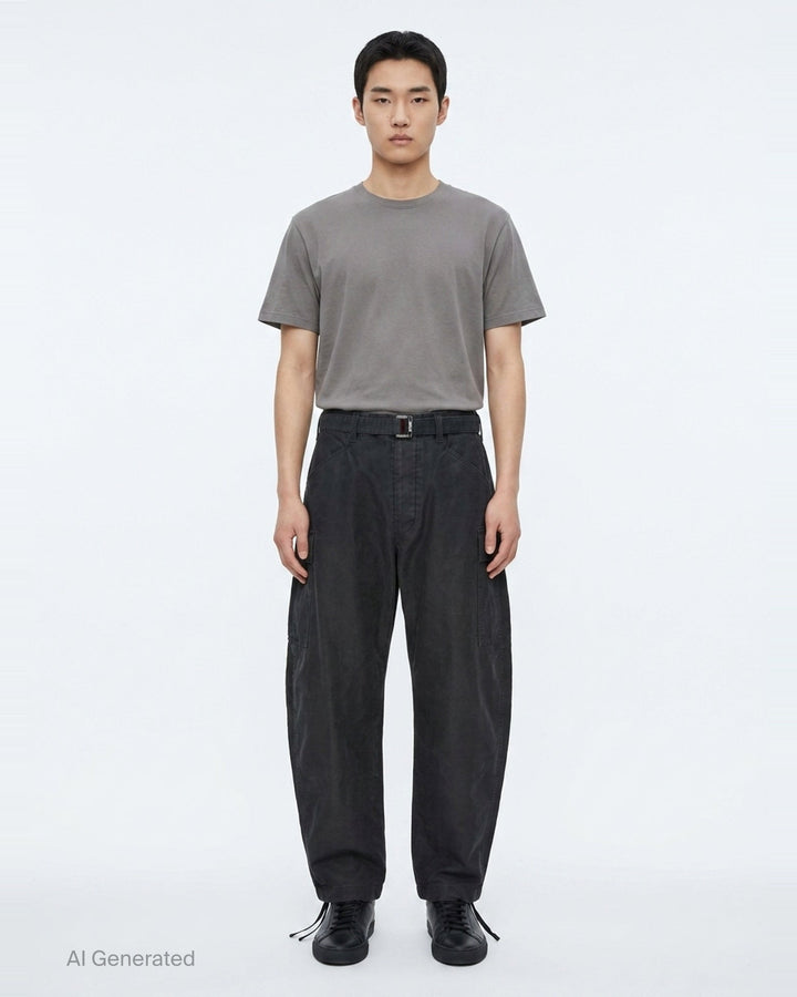 sacai Sueded Cotton Cargo Pants in washed black, featuring a balloon-leg silhouette, belted high waist, flap cargo pockets, and adjustable drawstring hems, photographed flat on a white background - front